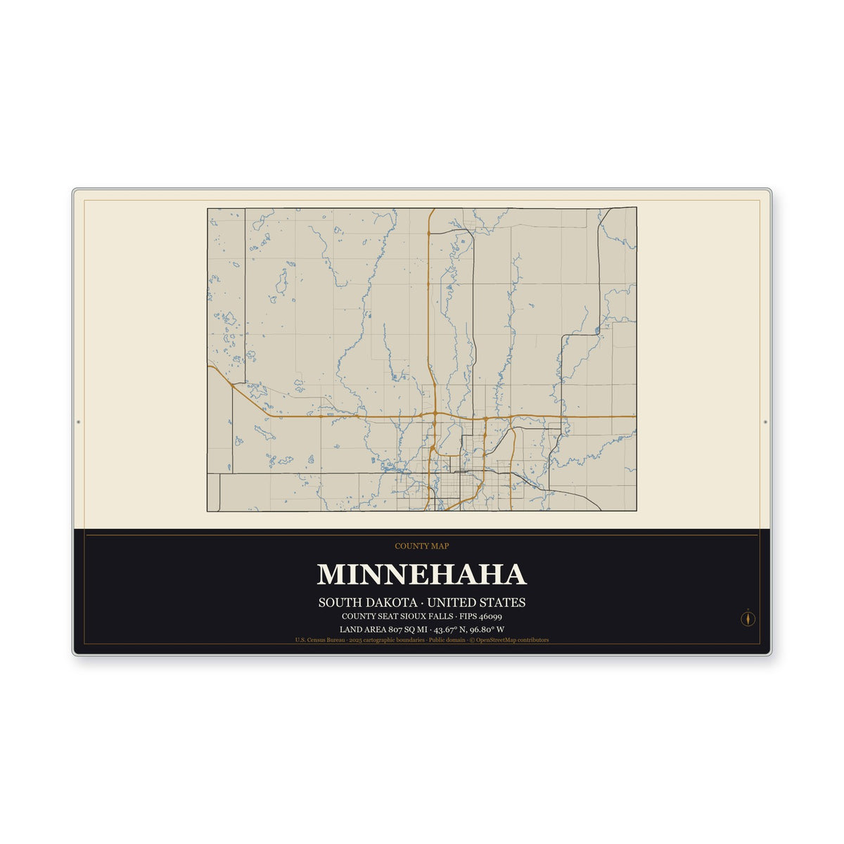 Minnehaha County, South Dakota Map Aluminum Sign in Museum Plaque style