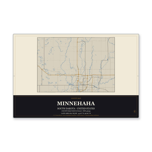 Minnehaha County, South Dakota Map Aluminum Sign in Museum Plaque style