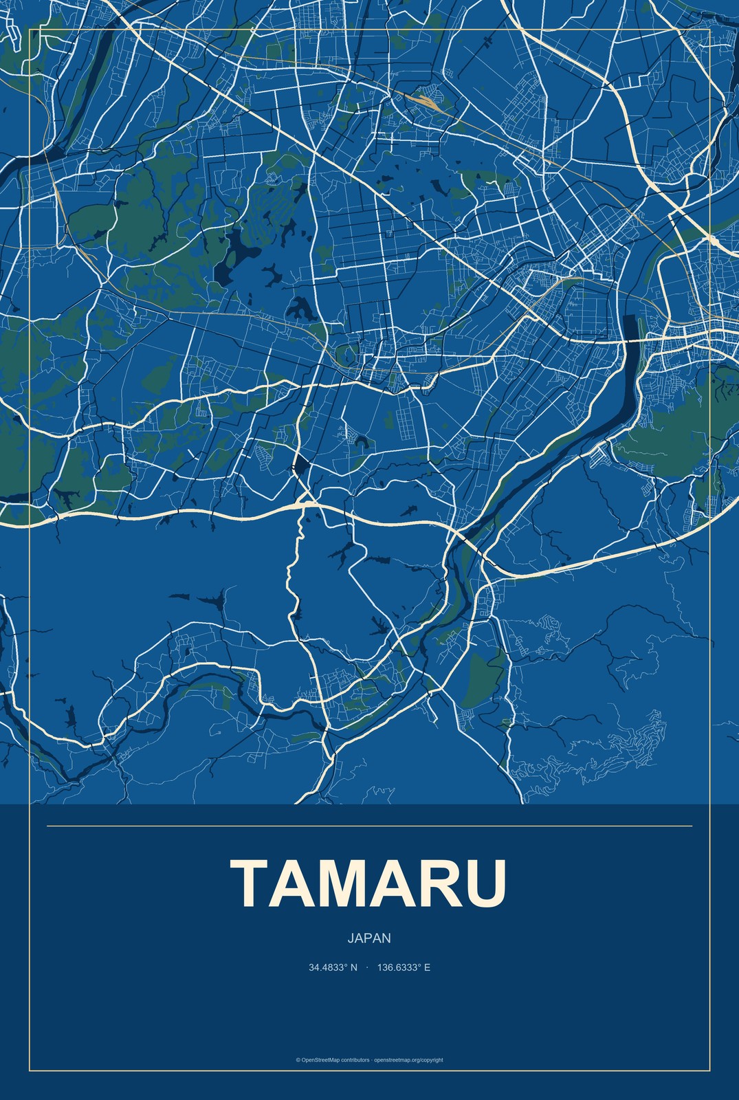Tamaru, Japan City Map Aluminum Sign in Harbor Cobalt style