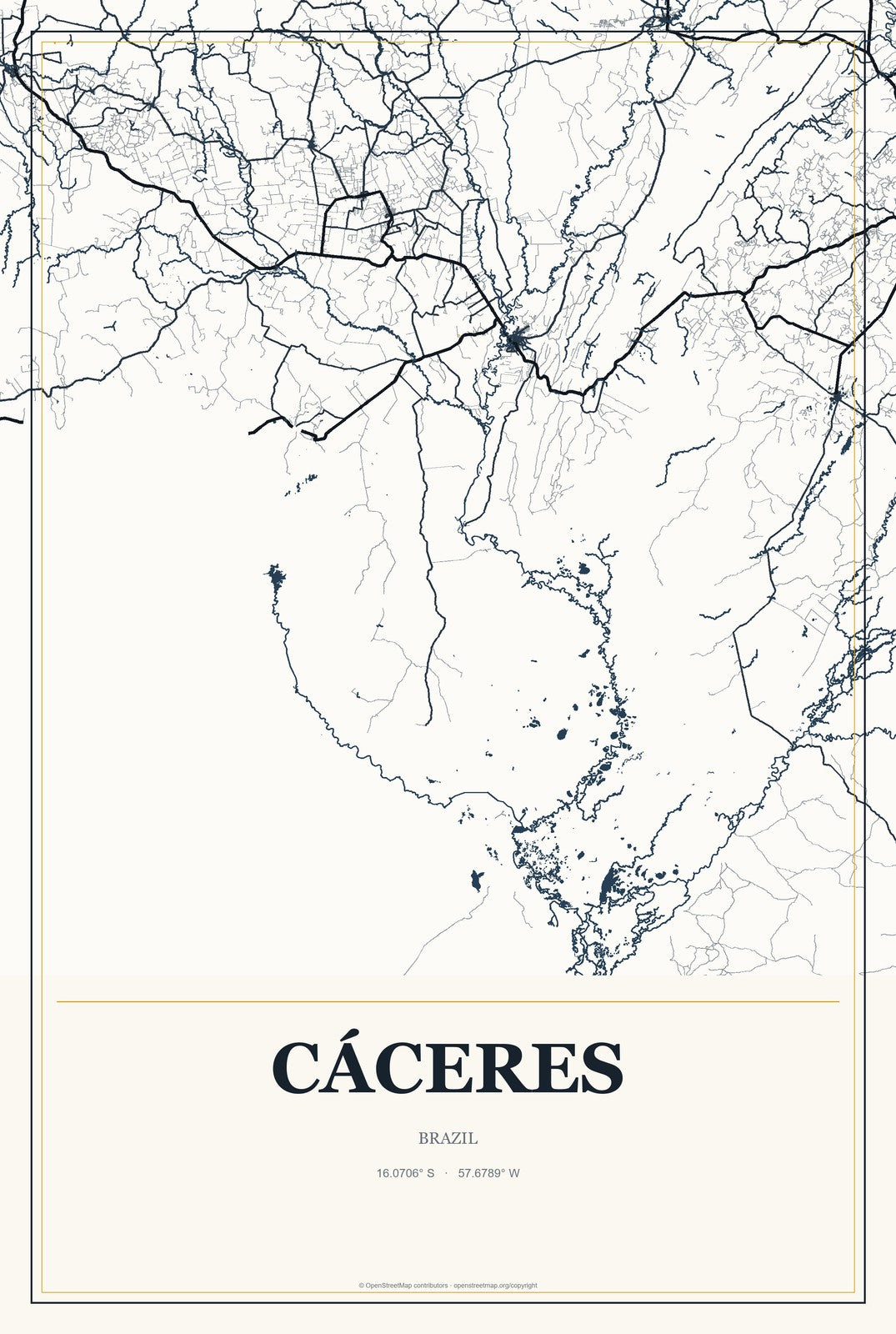 Cáceres, Brazil City Map Aluminum Sign in Citrine Modern style