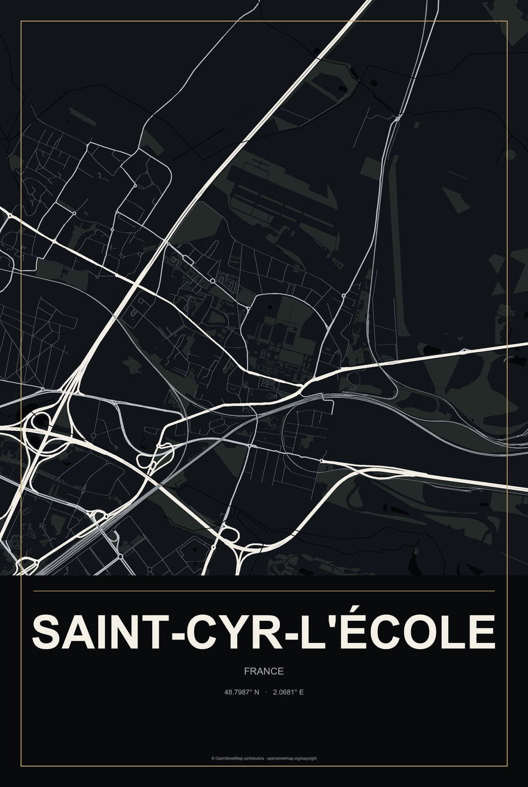 Saint-Cyr-l'École, France City Map Aluminum Sign in Metropolitan Noir style