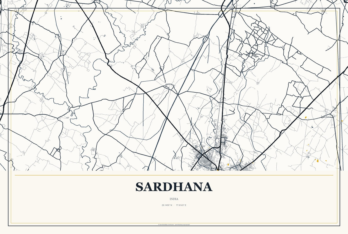 Sardhana, India City Map Aluminum Sign in Citrine Modern style