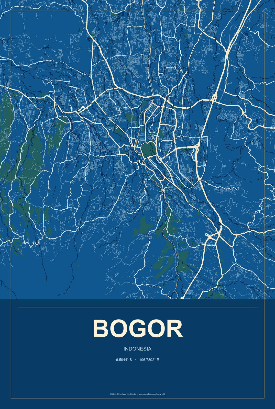 Bogor, Indonesia City Map Aluminum Sign in Harbor Cobalt style