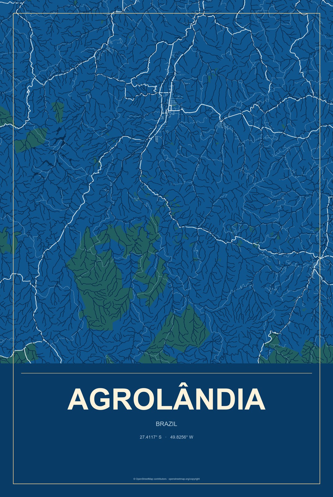 Agrolândia, Brazil City Map Aluminum Sign in Harbor Cobalt style
