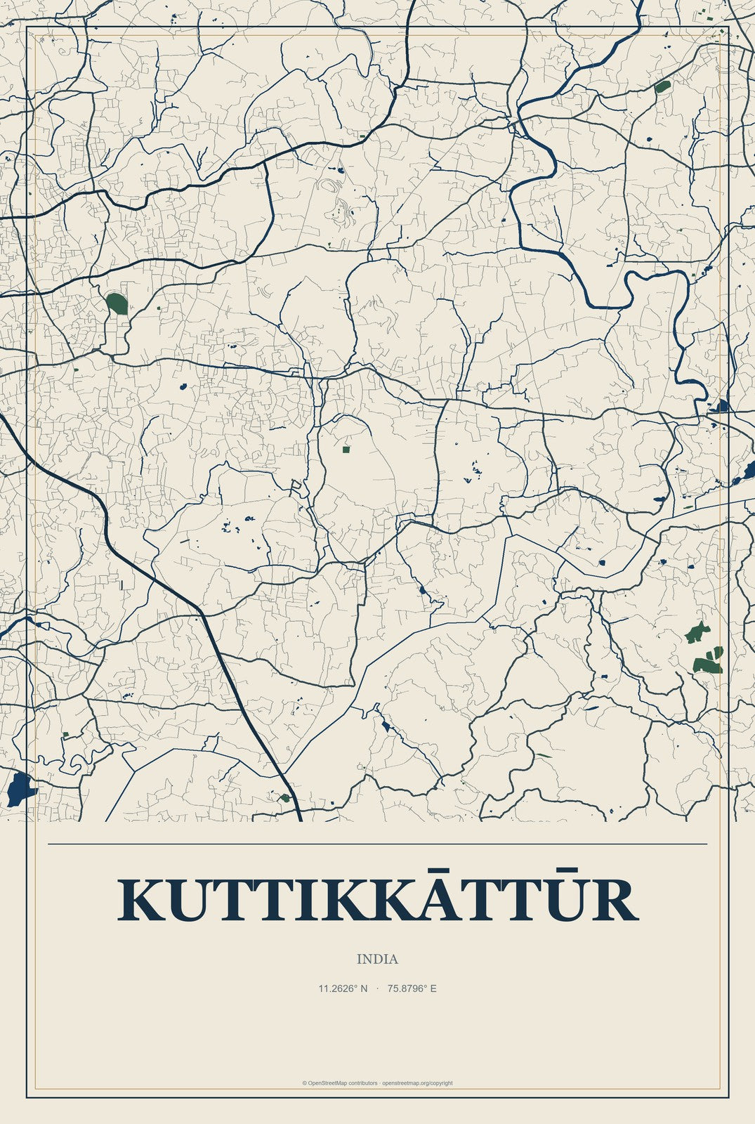 Kuttikkāttūr, India City Map Aluminum Sign in Coastal Cutout style