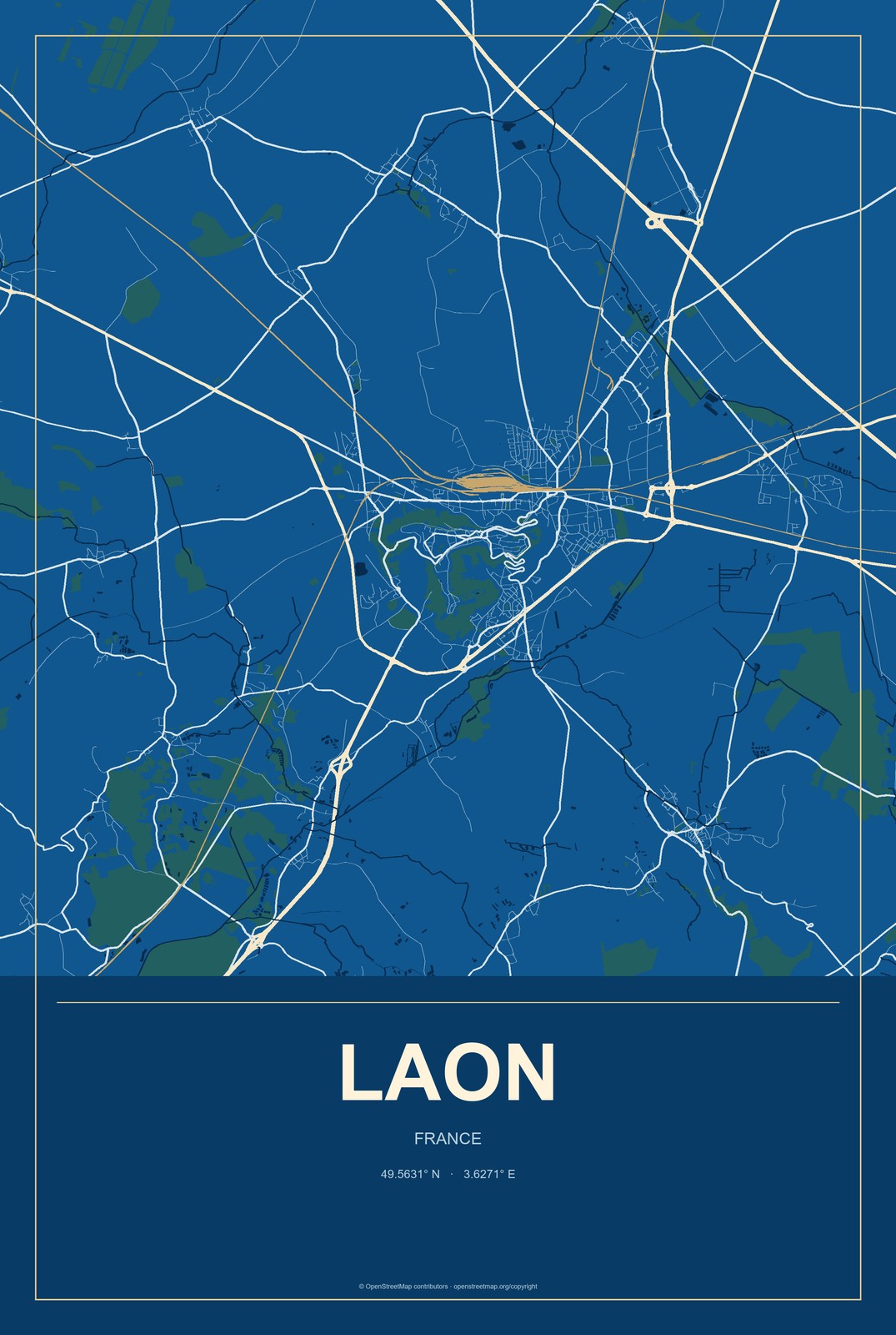 Laon, France City Map Aluminum Sign in Harbor Cobalt style