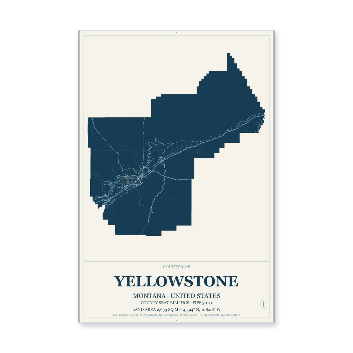 Yellowstone County, Montana Map Aluminum Sign in Coastal Cutout style