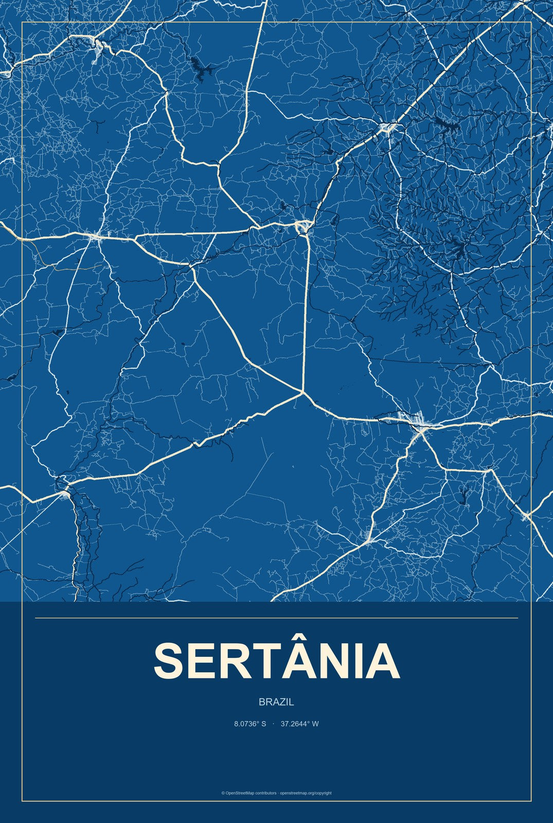 Sertânia, Brazil City Map Aluminum Sign in Harbor Cobalt style