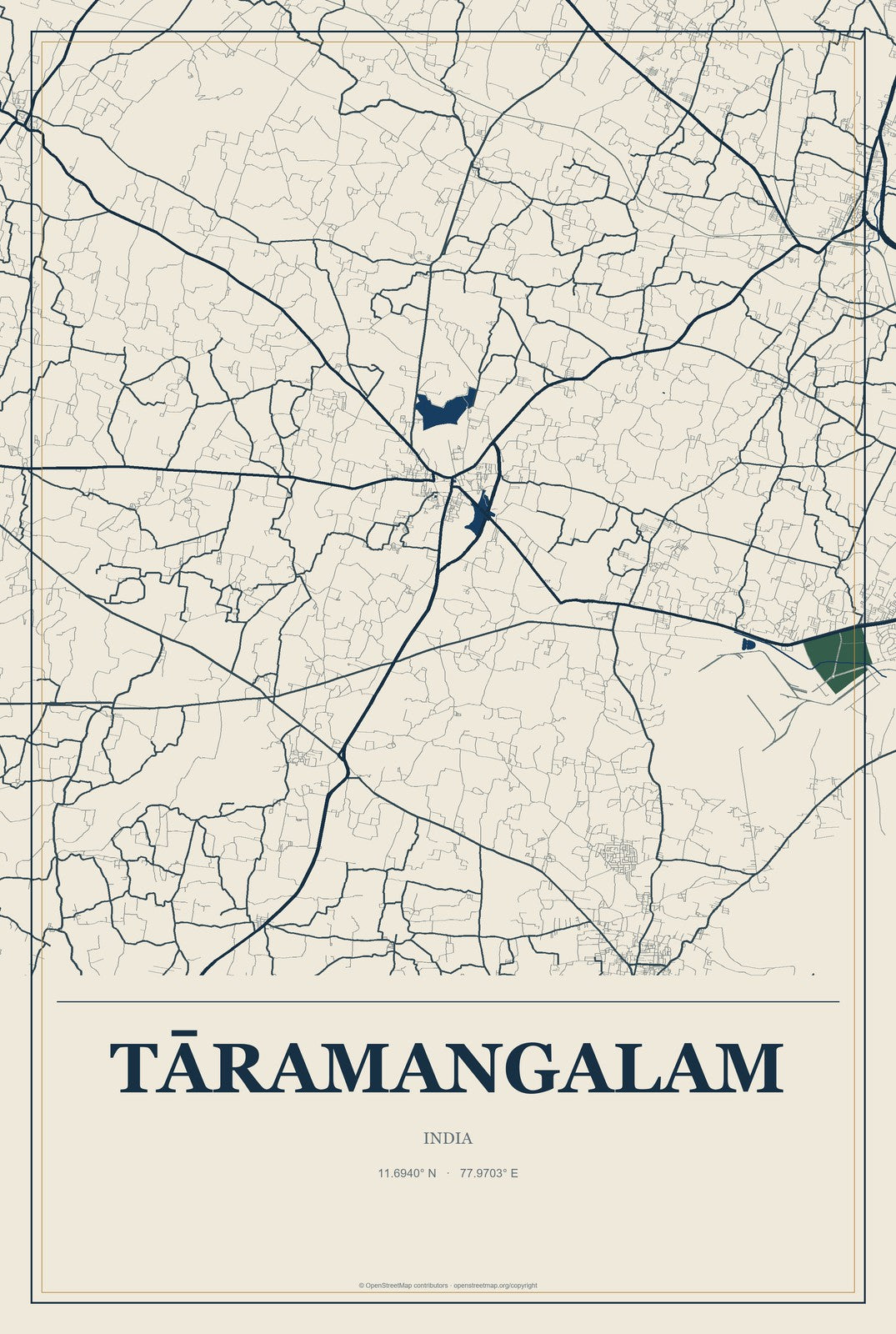 Tāramangalam, India City Map Aluminum Sign in Coastal Cutout style
