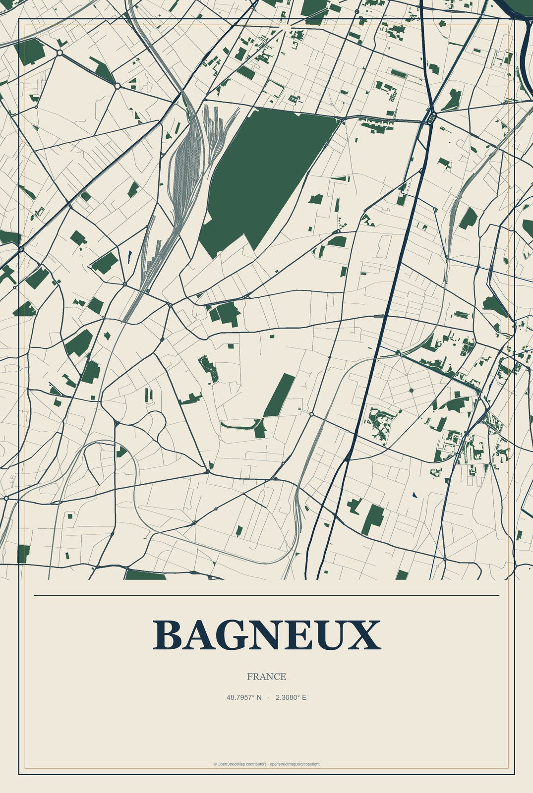 Bagneux, France City Map Aluminum Sign in Coastal Cutout style