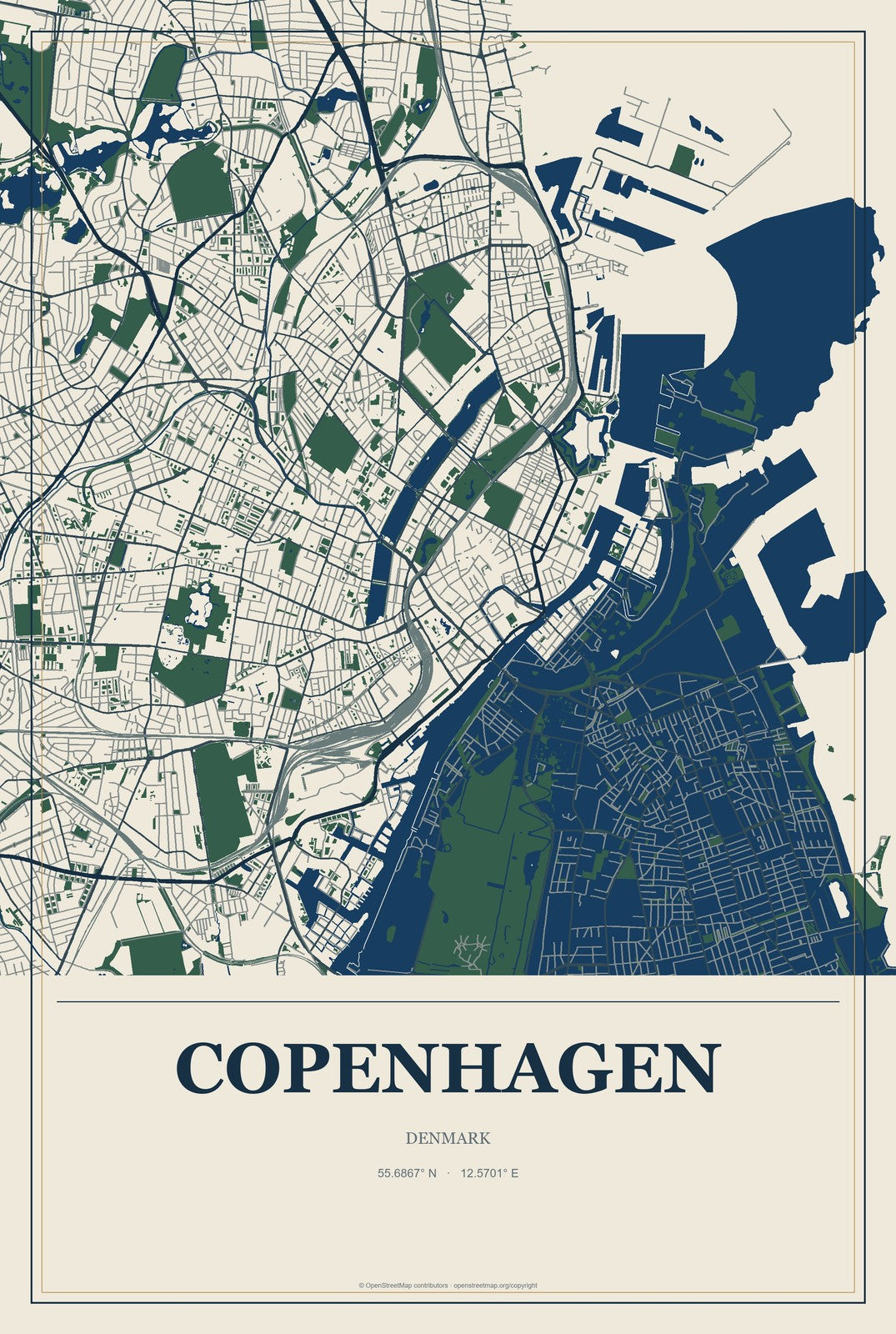 Copenhagen, Denmark City Map Aluminum Sign in Coastal Cutout style
