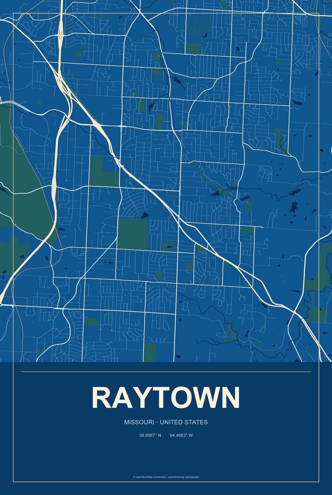 Raytown, Missouri City Map Aluminum Sign in Harbor Cobalt style
