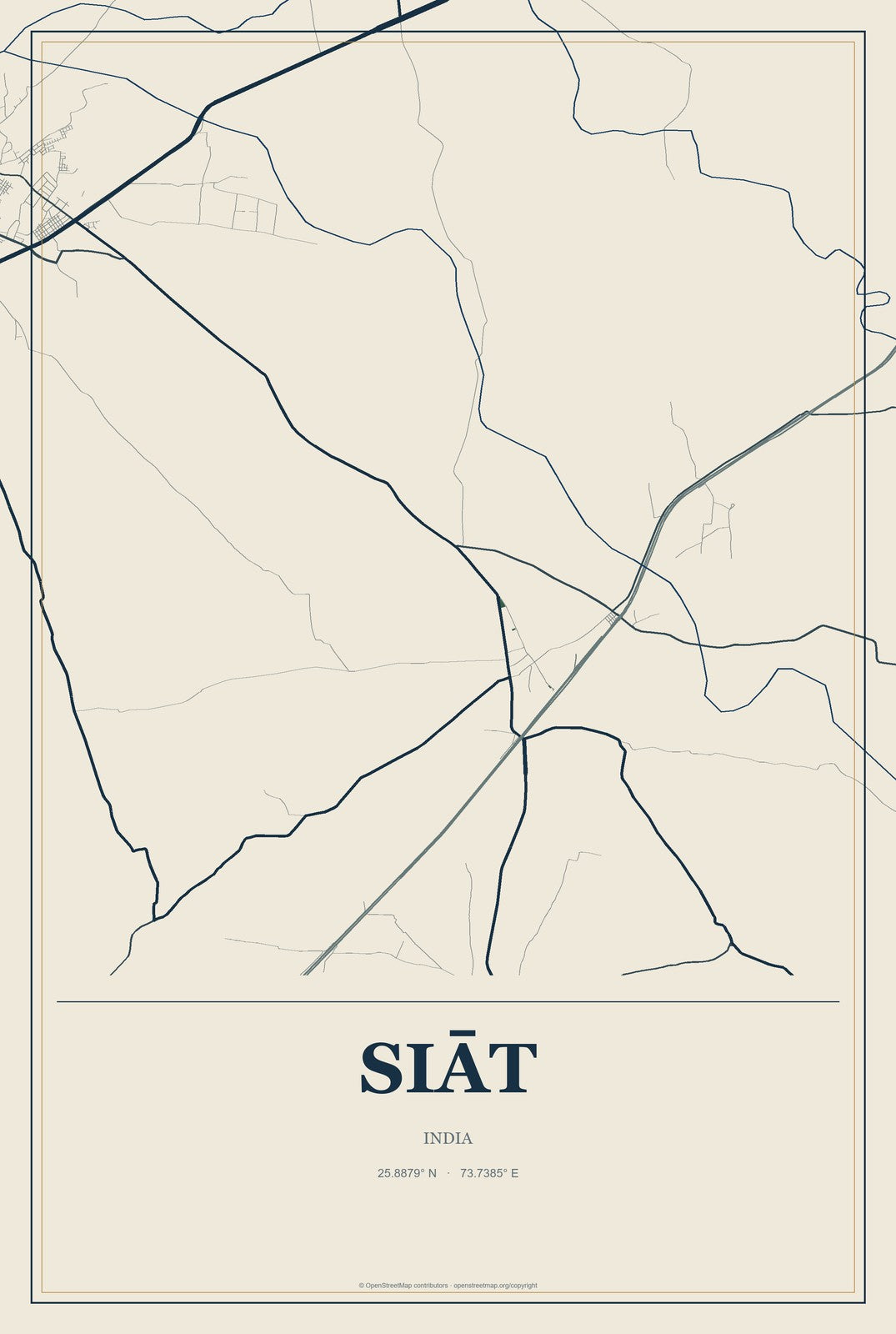 Siāt, India City Map Aluminum Sign in Coastal Cutout style