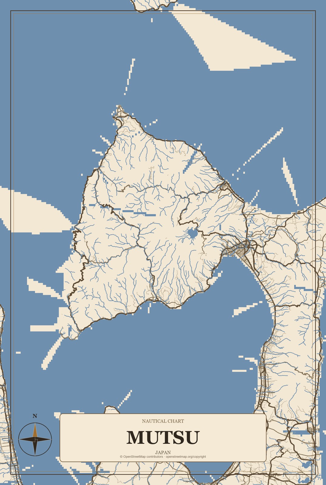 Mutsu, Japan City Map Aluminum Sign in Heritage Nautical style