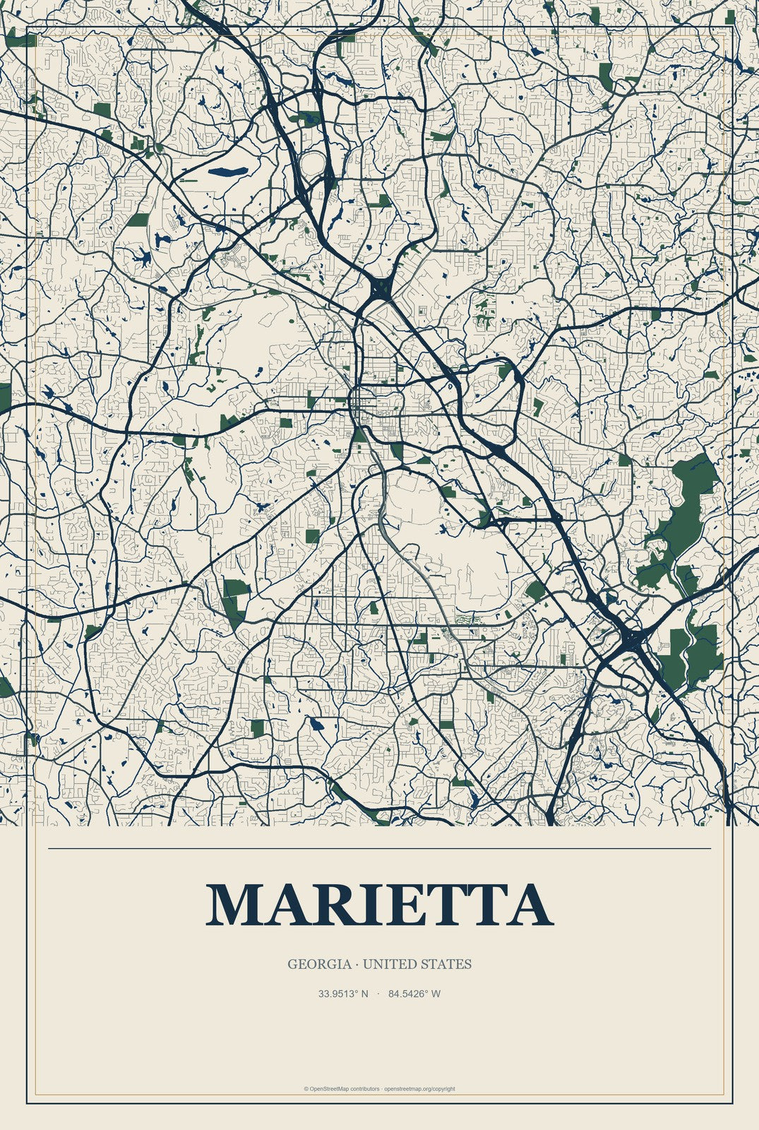 Marietta, Georgia City Map Aluminum Sign in Coastal Cutout style