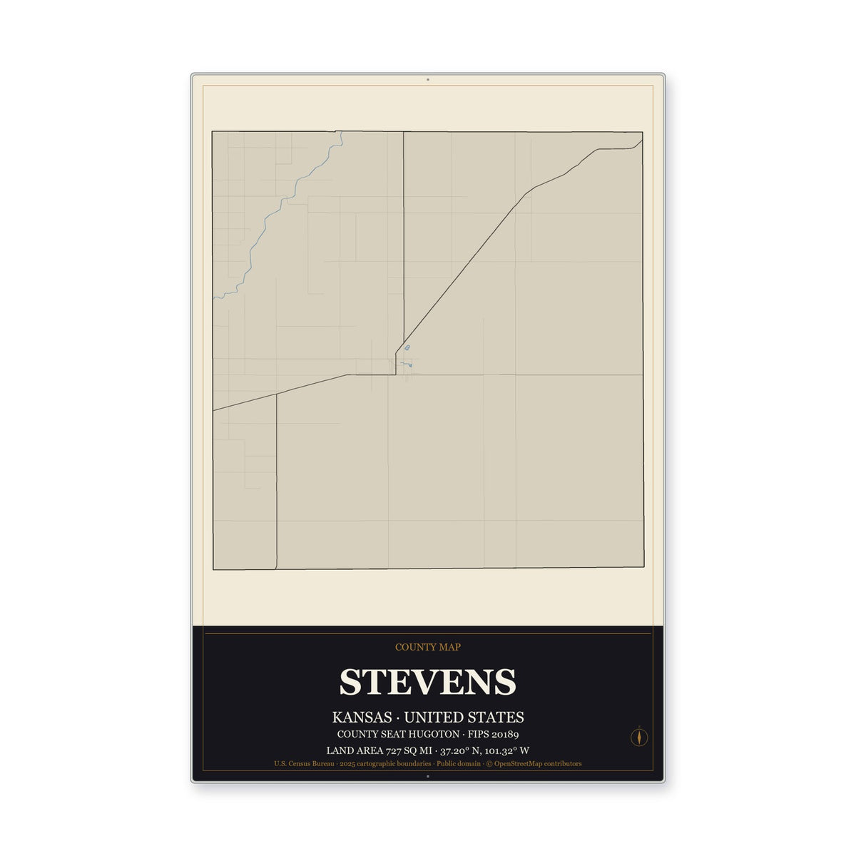 Stevens County, Kansas Map Aluminum Sign in Museum Plaque style
