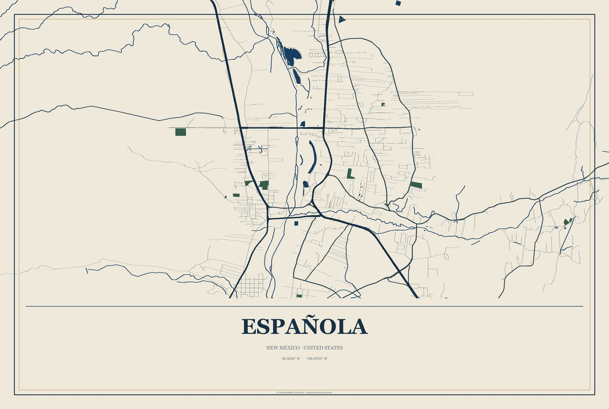 Española, New Mexico City Map Aluminum Sign in Coastal Cutout style