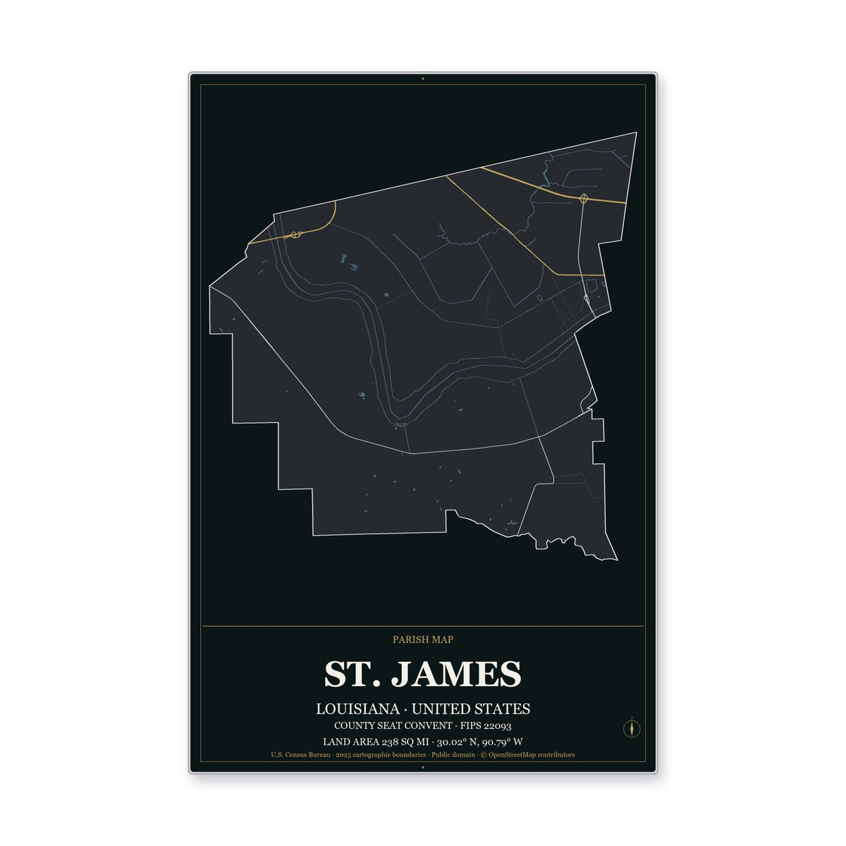 St. James Parish, Louisiana Map Aluminum Sign in Metropolitan Noir style