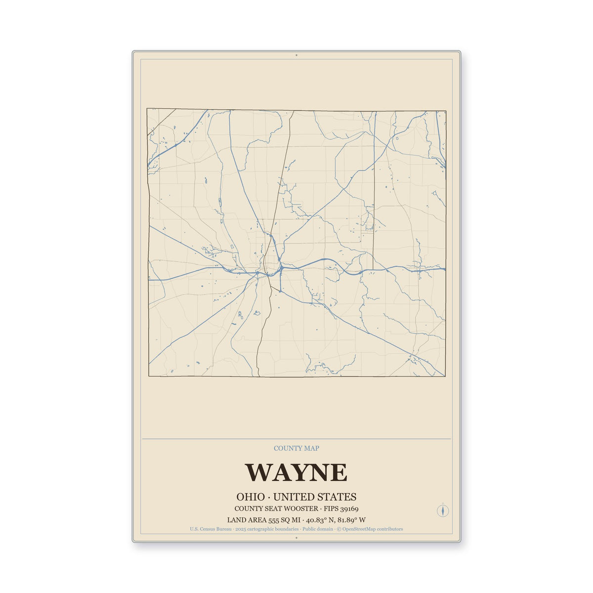 Wayne County, Ohio Map Aluminum Sign in Heritage Nautical style