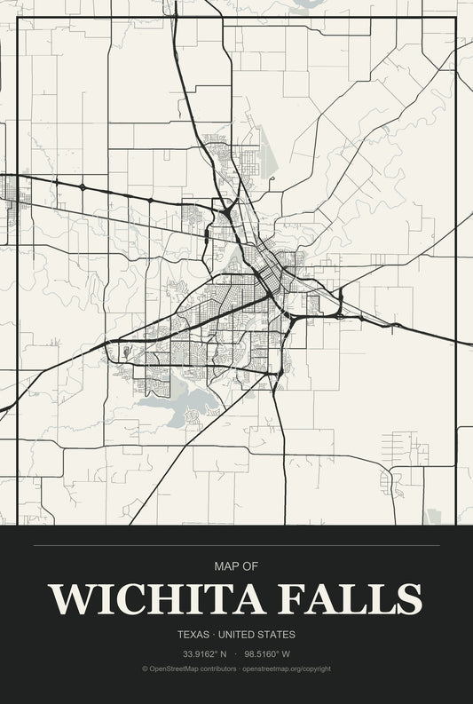 Wichita Falls, Texas City Map Aluminum Sign in Museum Plaque style