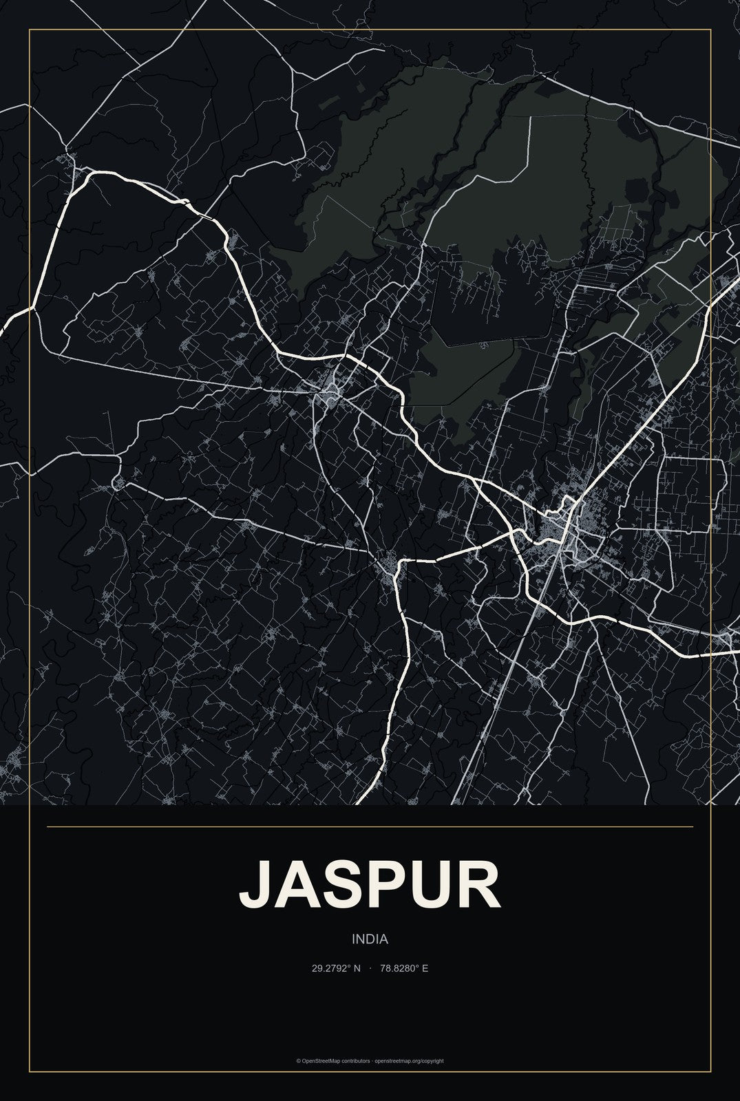 Jaspur, India City Map Aluminum Sign in Metropolitan Noir style