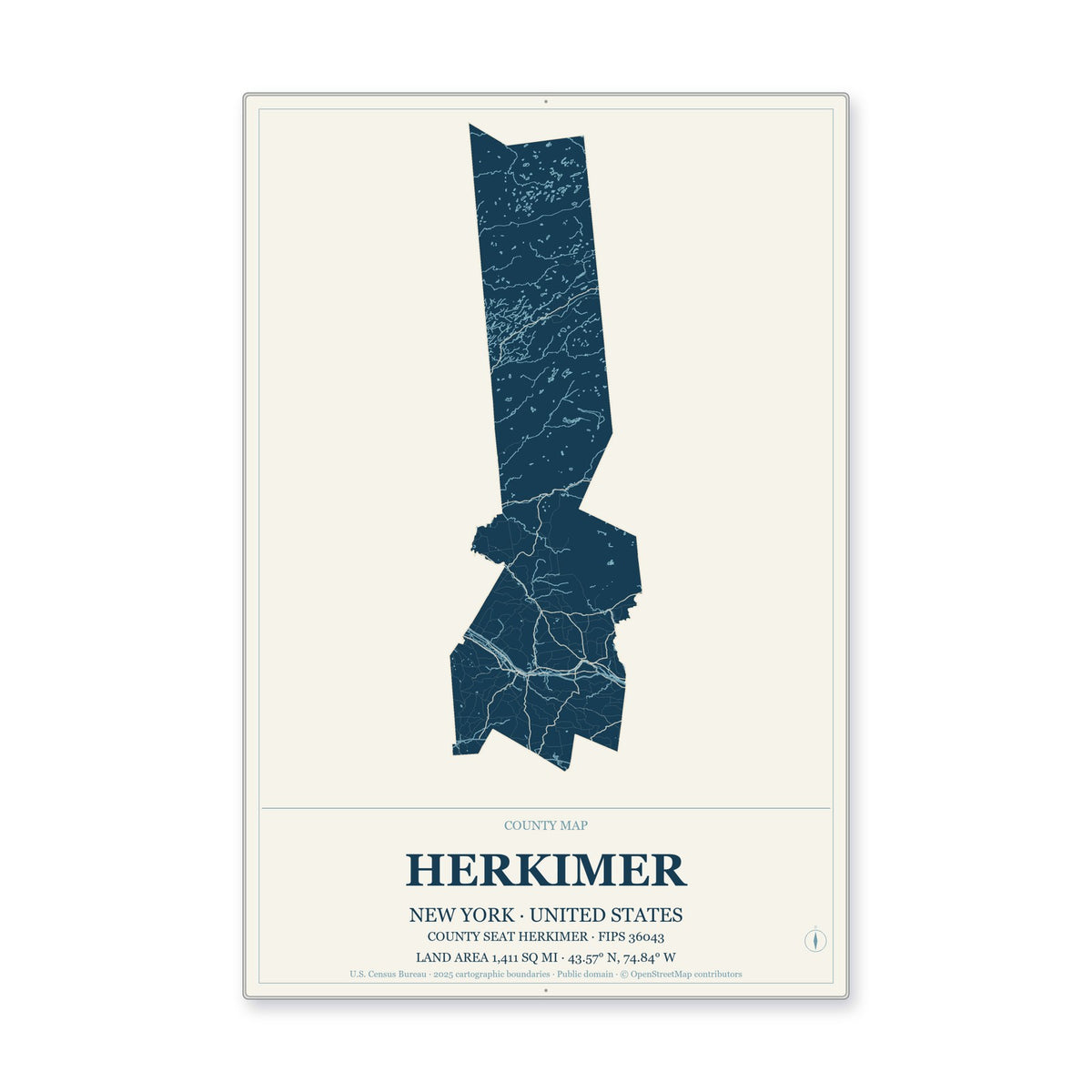 Herkimer County, New York Map Aluminum Sign in Coastal Cutout style