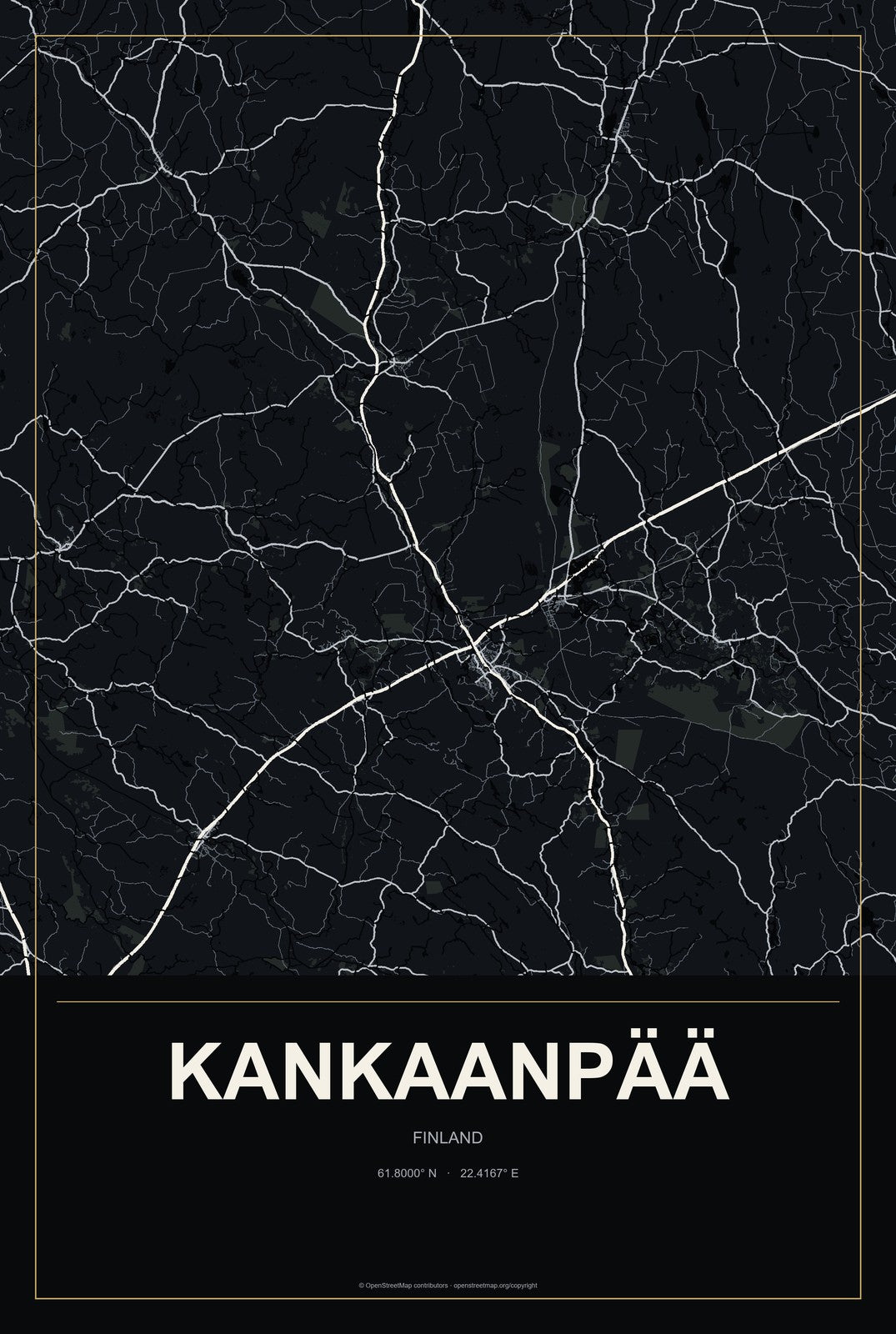 Kankaanpää, Finland City Map Aluminum Sign in Metropolitan Noir style