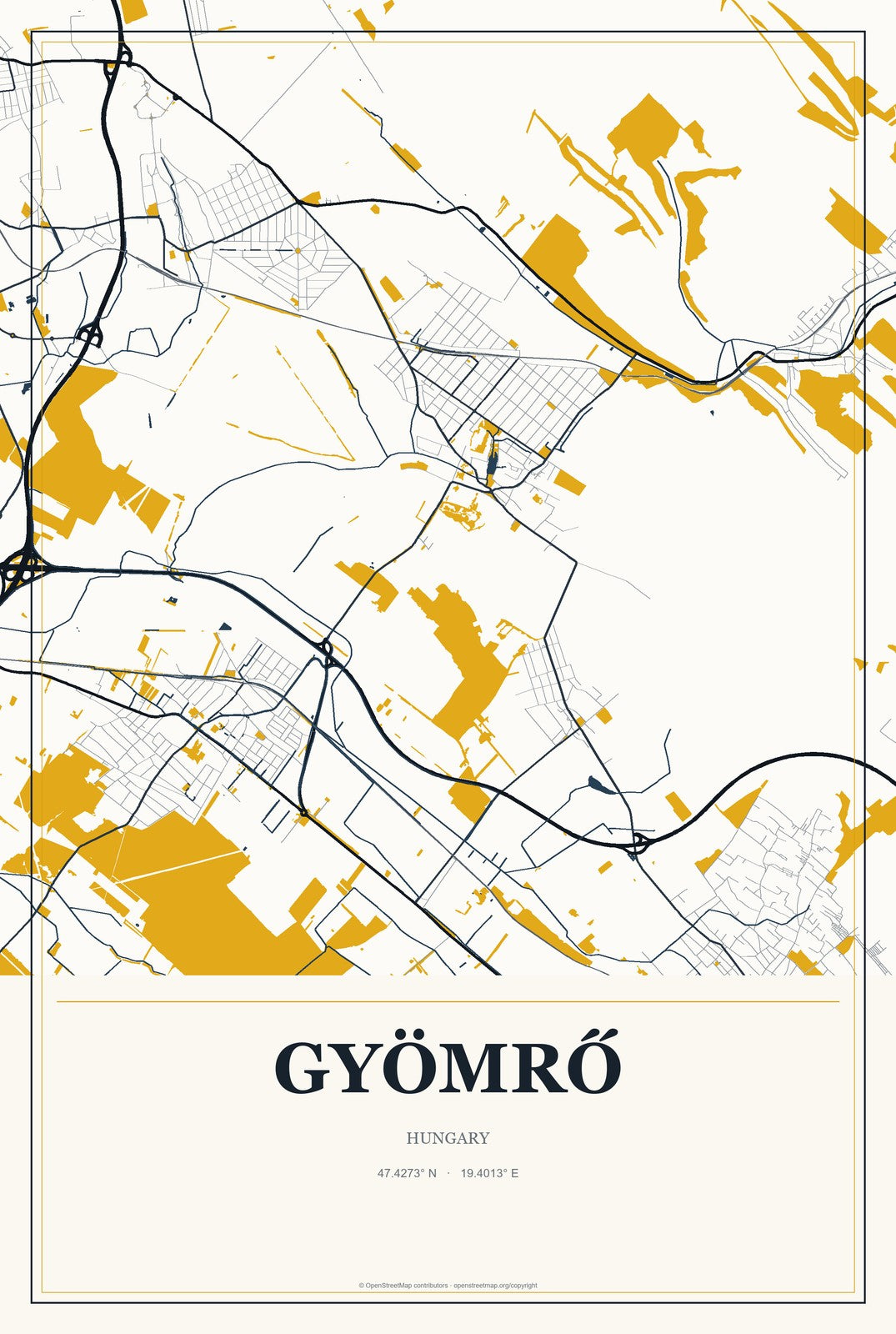 Gyömrő, Hungary City Map Aluminum Sign in Citrine Modern style