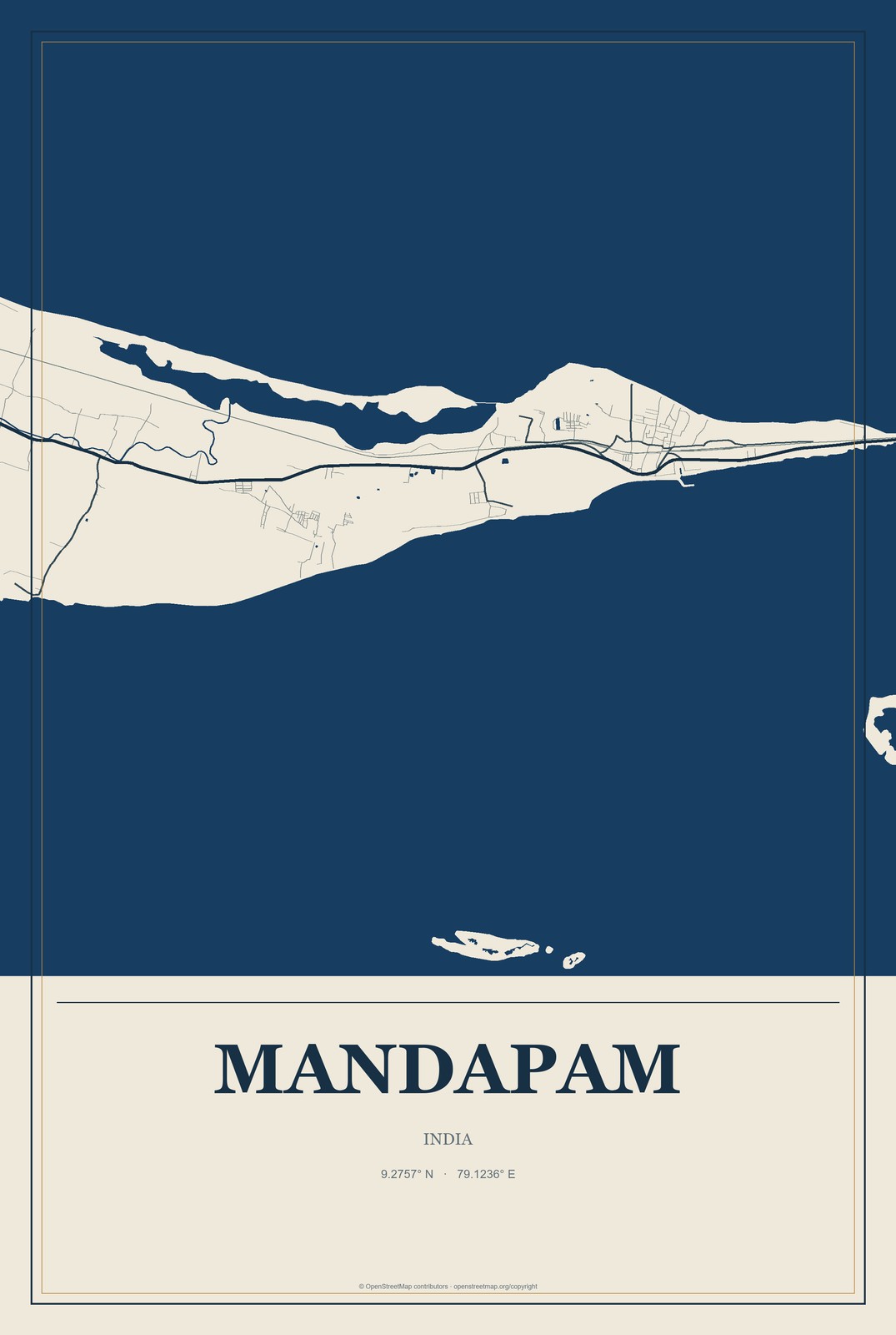 Mandapam, India City Map Aluminum Sign in Coastal Cutout style