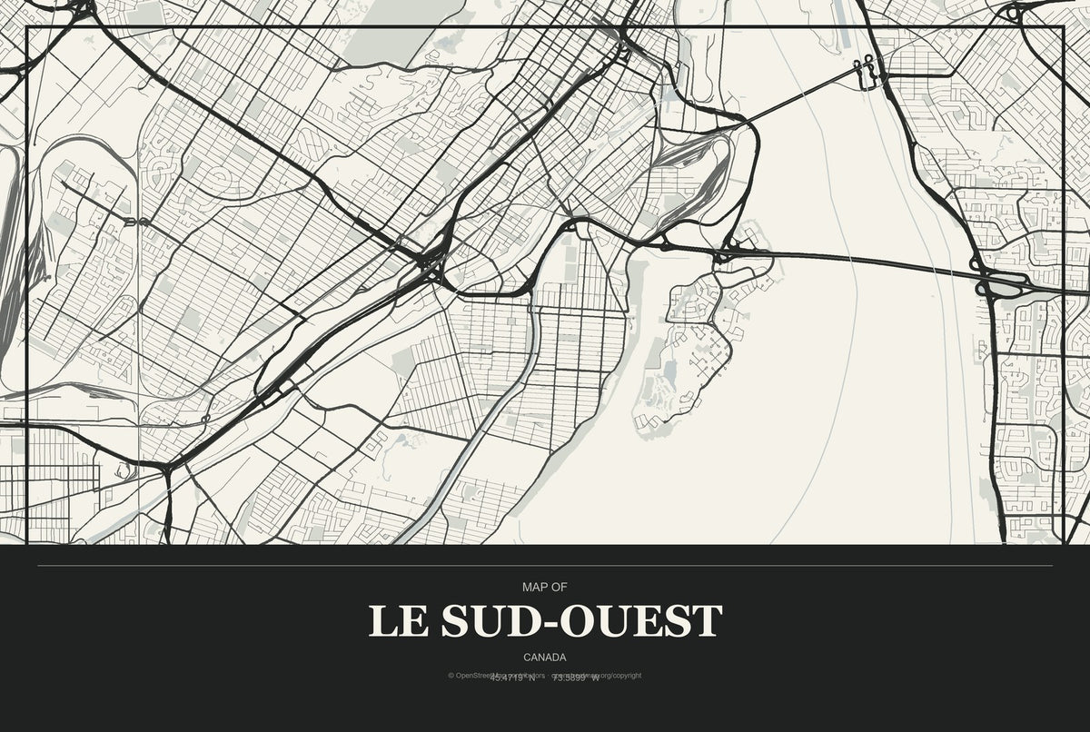Le Sud-Ouest, Canada City Map Aluminum Sign in Museum Plaque style