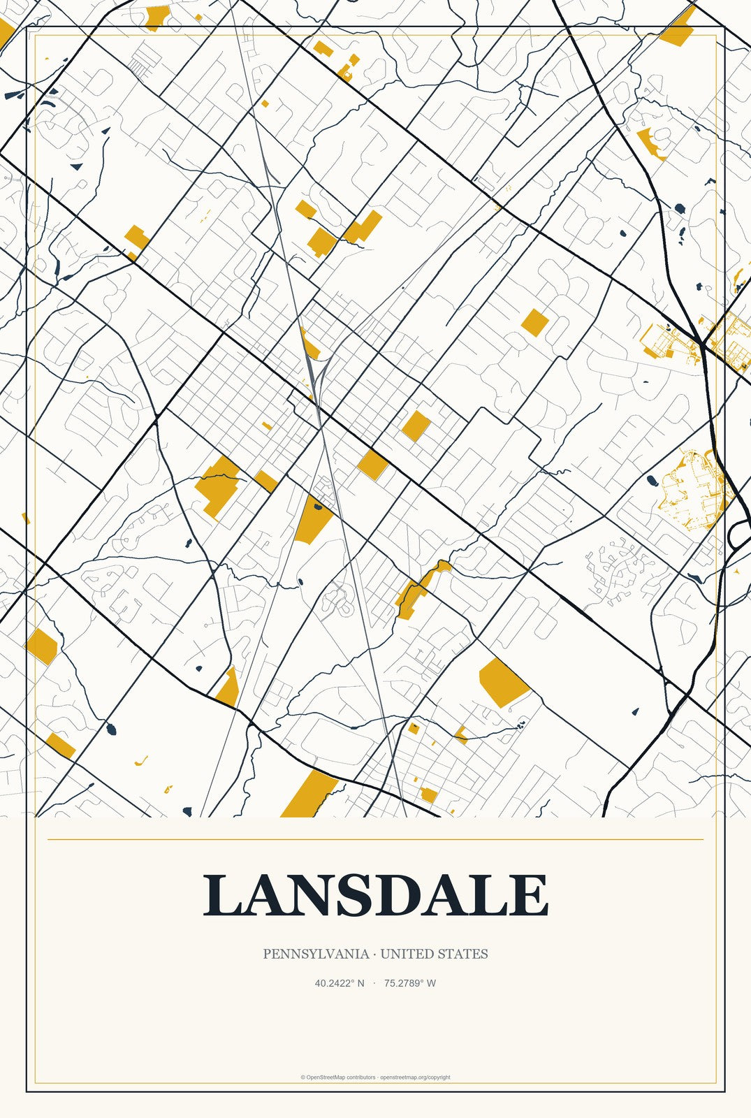 Lansdale, Pennsylvania City Map Aluminum Sign in Citrine Modern style