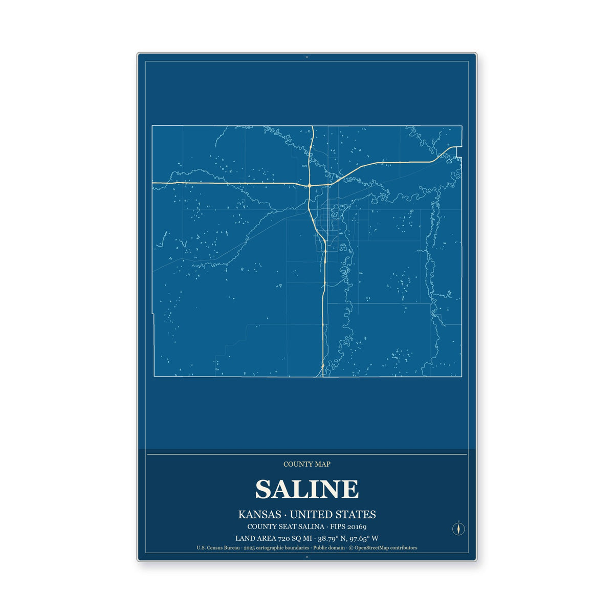 Saline County, Kansas Map Aluminum Sign in Harbor Cobalt style