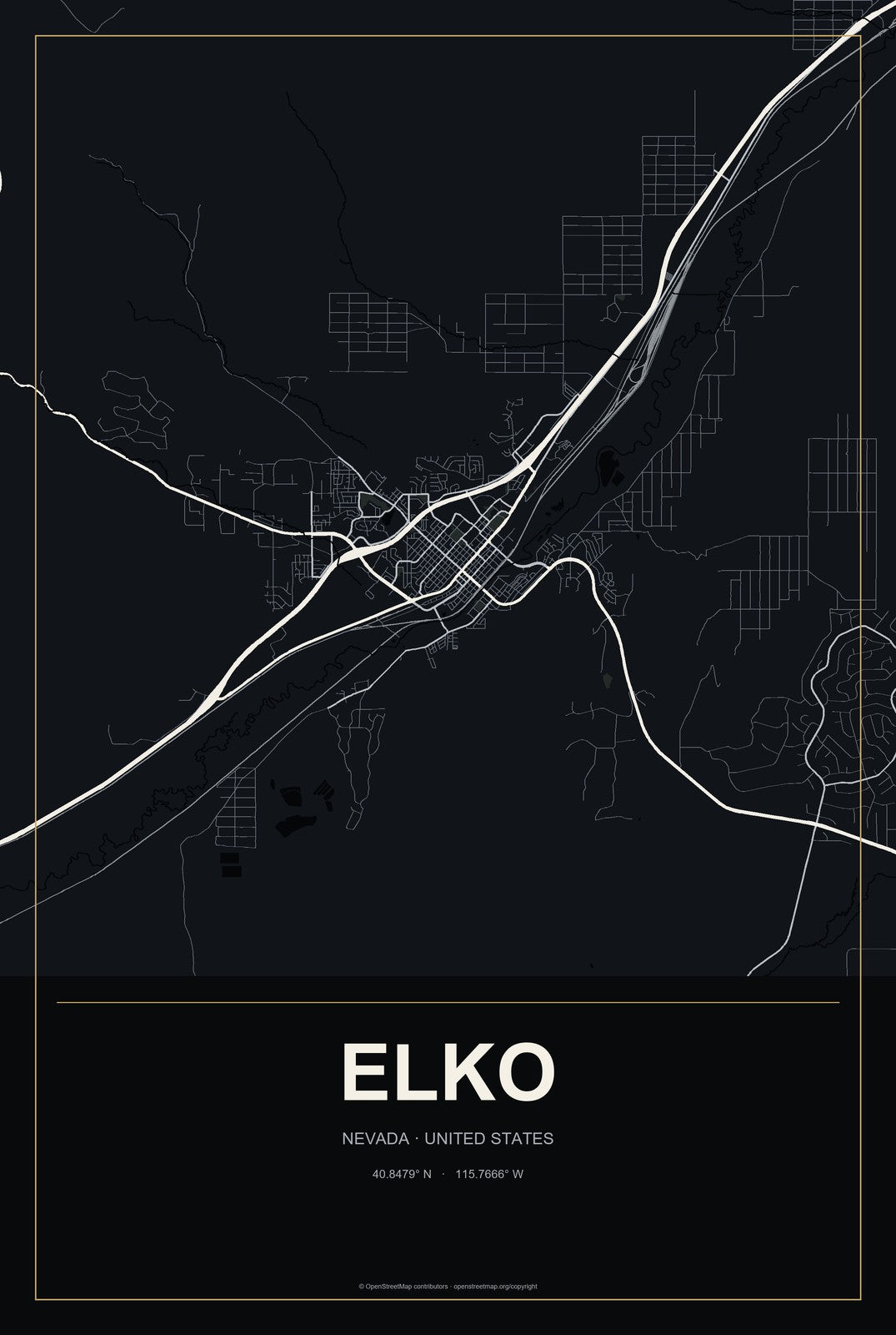 Elko, Nevada City Map Aluminum Sign in Metropolitan Noir style