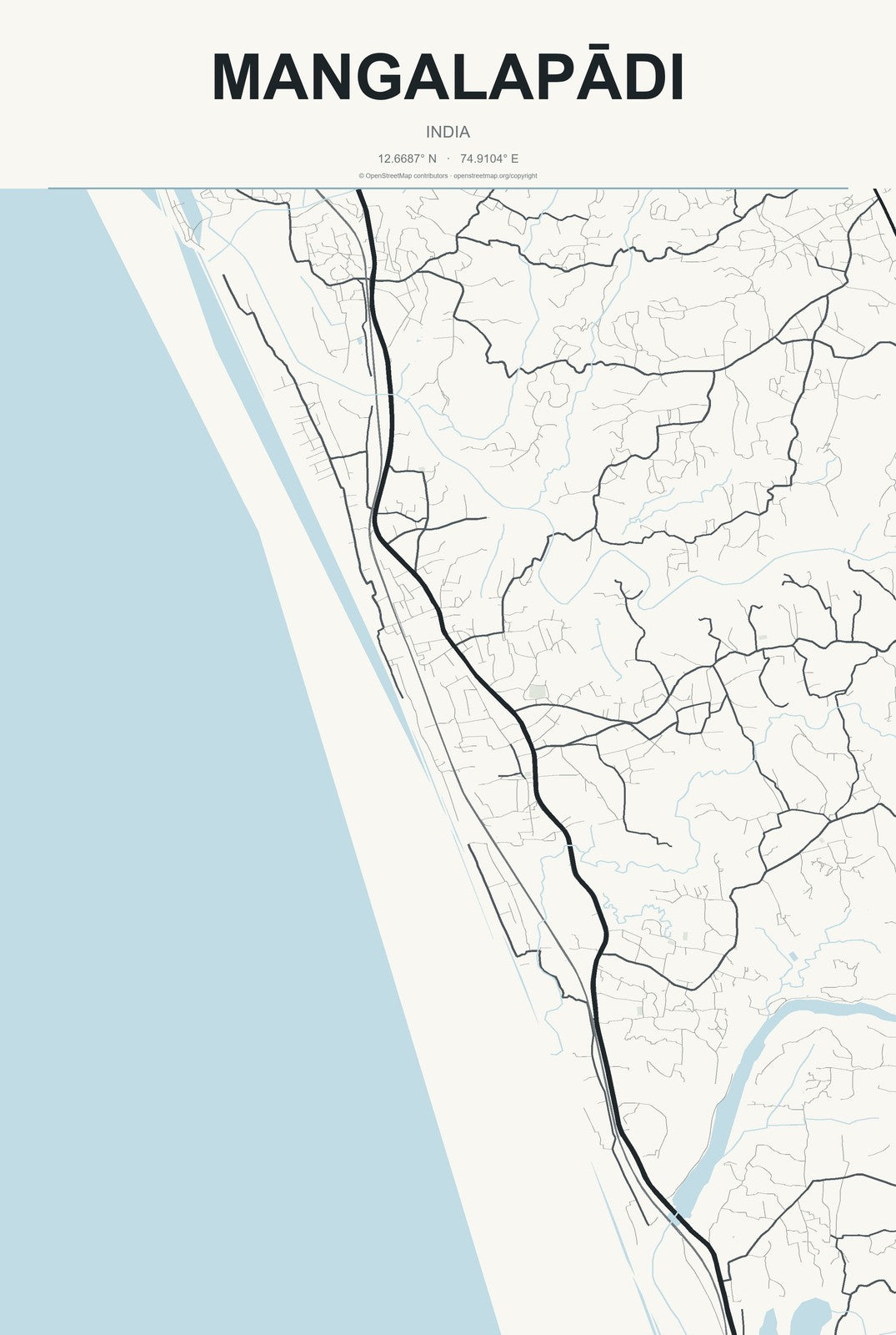 Mangalapādi, India City Map Aluminum Sign in Headline Atlas style
