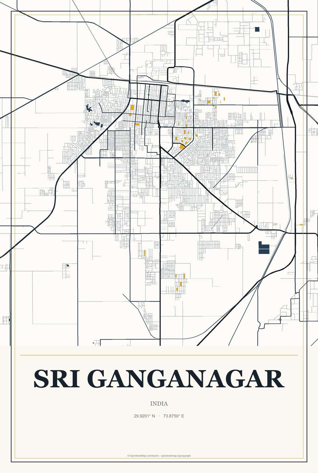 Sri Ganganagar, India City Map Aluminum Sign in Citrine Modern style