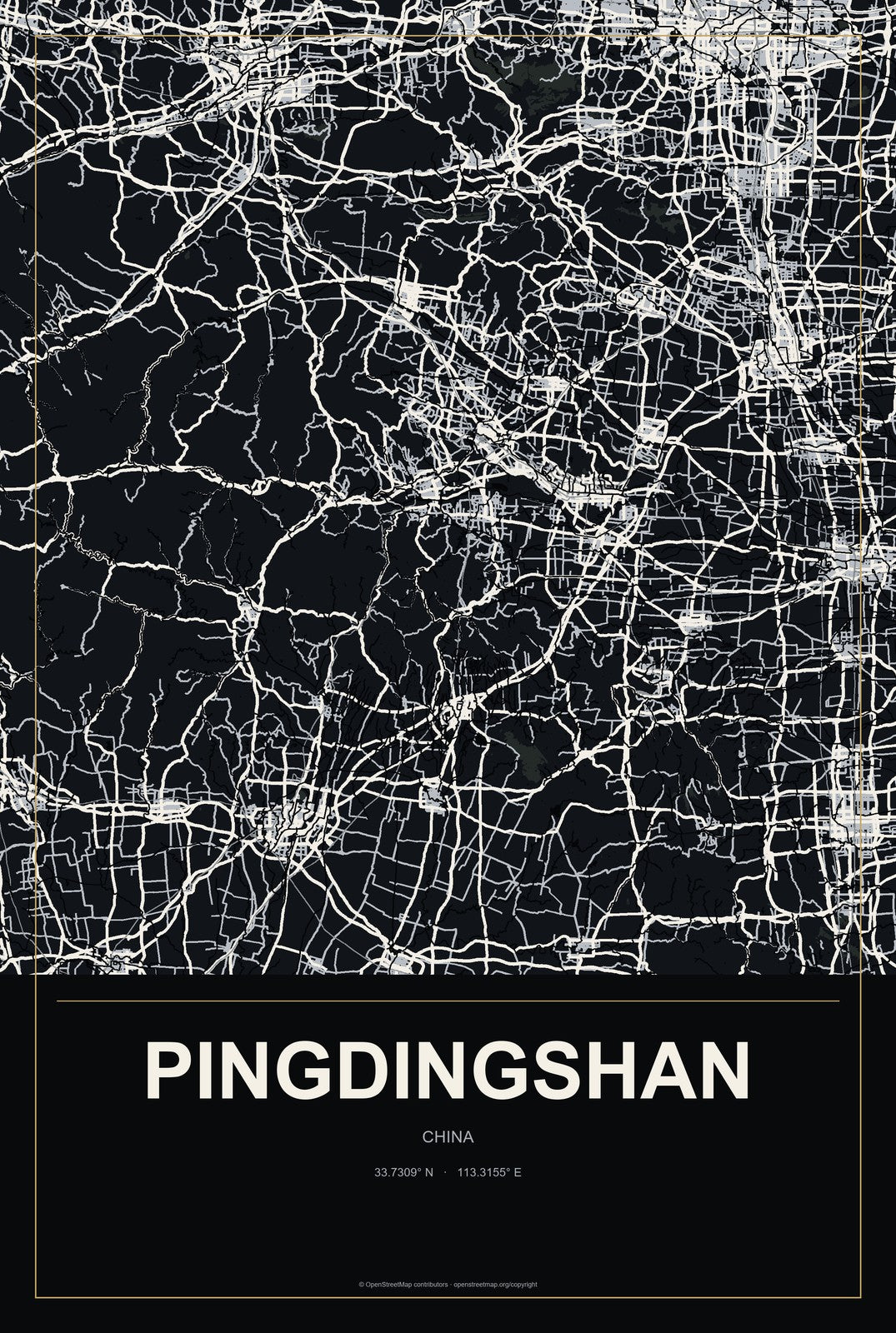 Pingdingshan, China City Map Aluminum Sign in Metropolitan Noir style