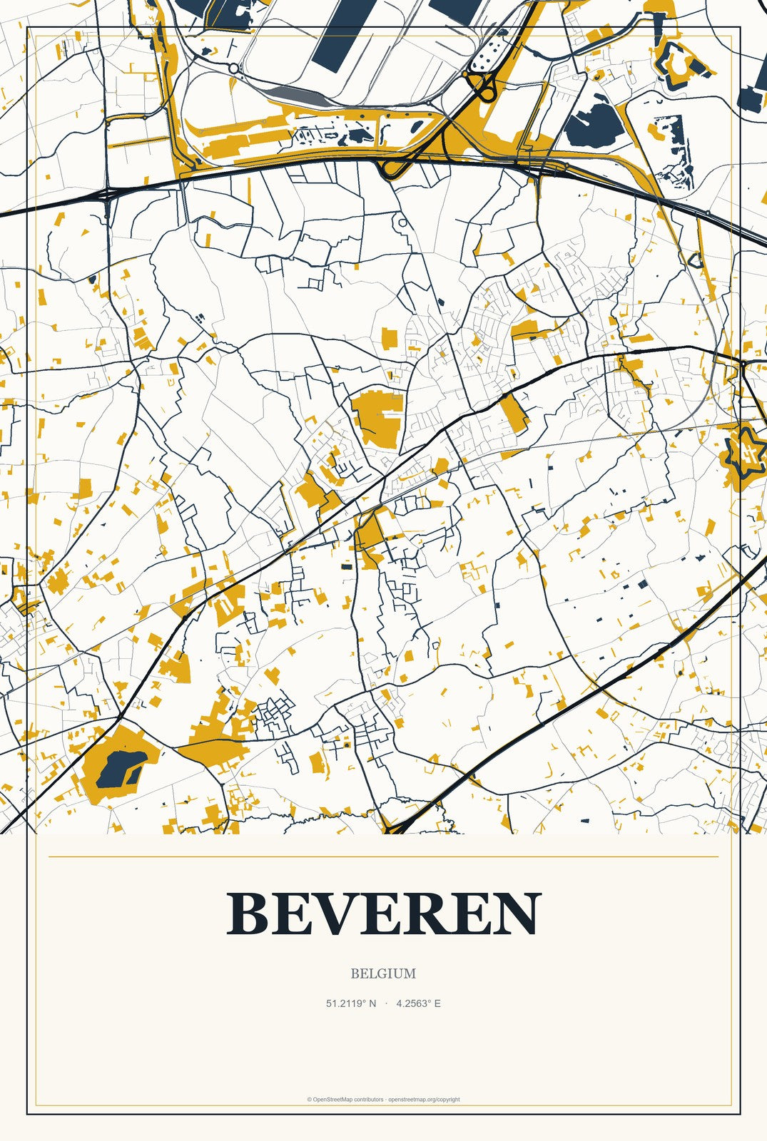 Beveren, Belgium City Map Aluminum Sign in Citrine Modern style