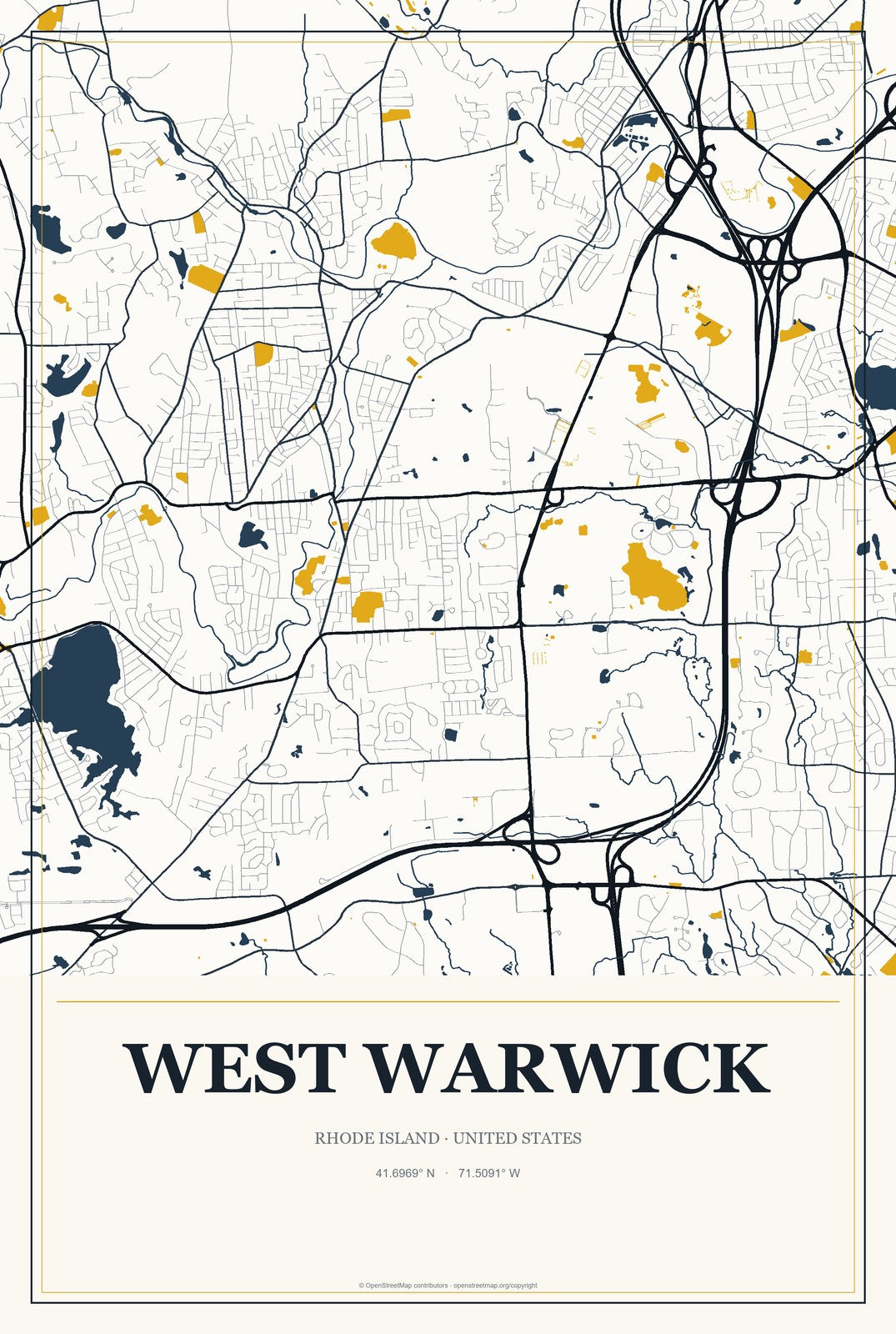 West Warwick, Rhode Island City Map Aluminum Sign in Citrine Modern style