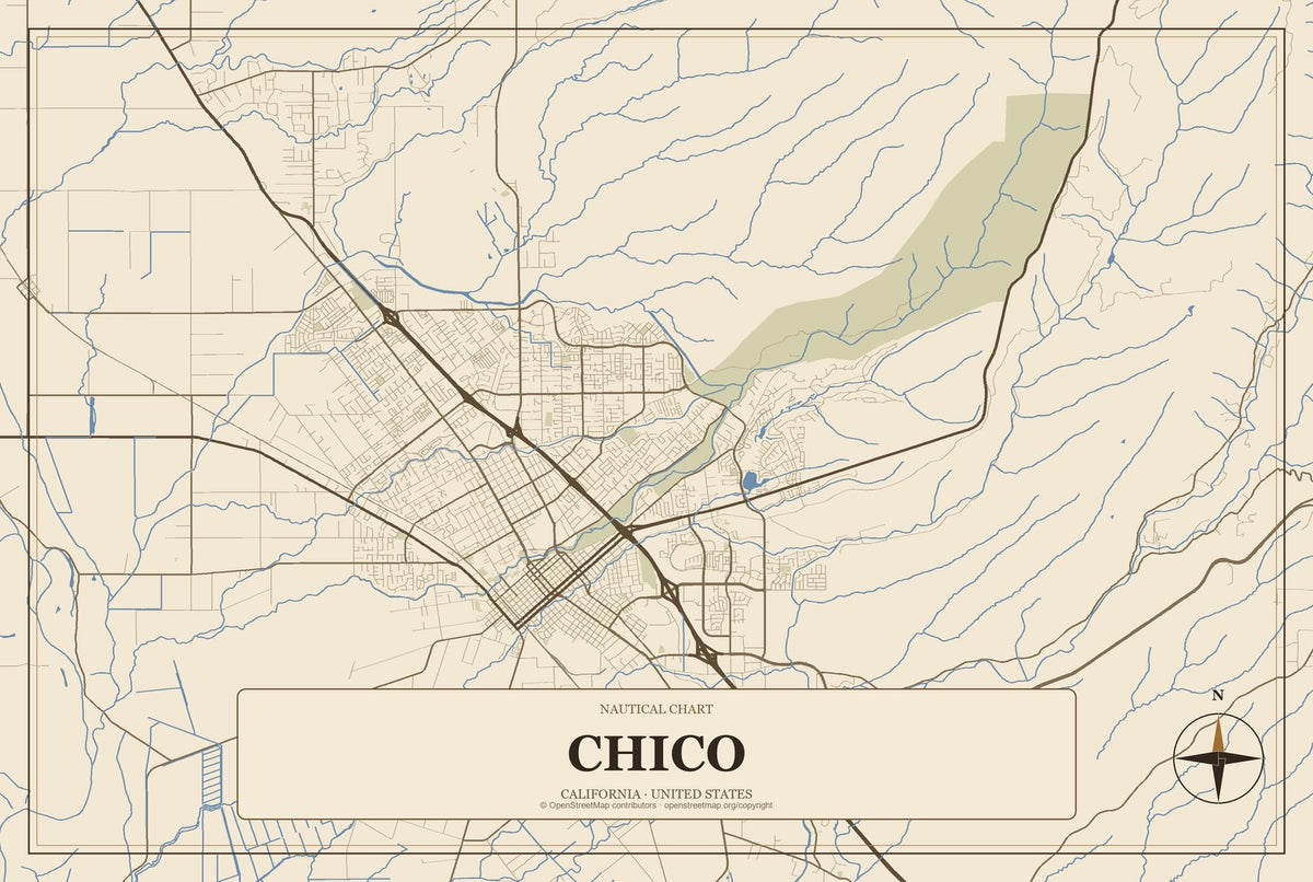 Chico, California City Map Aluminum Sign in Heritage Nautical style