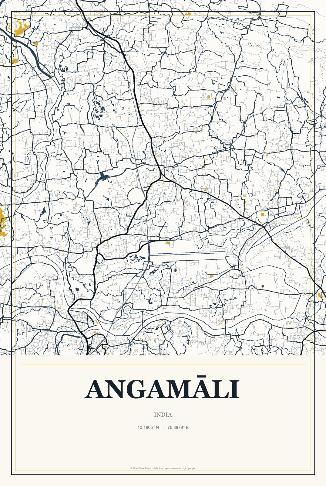 Angamāli, India City Map Aluminum Sign in Citrine Modern style