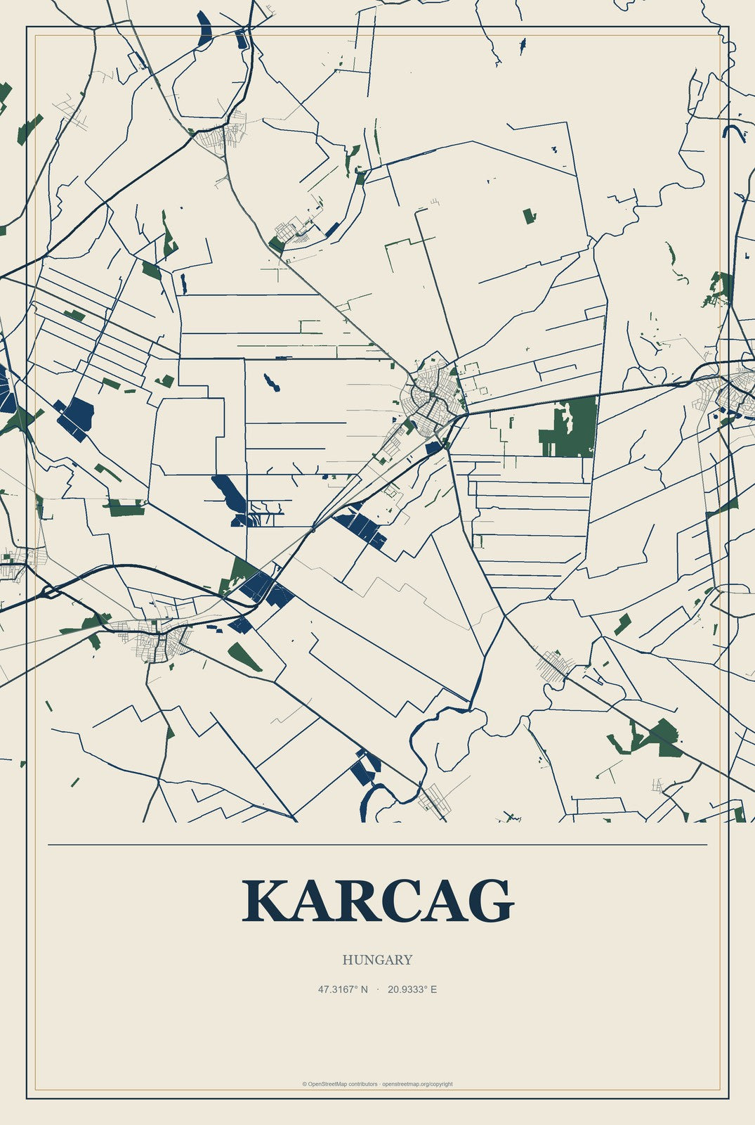 Karcag, Hungary City Map Aluminum Sign in Coastal Cutout style