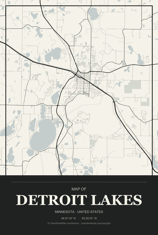 Detroit Lakes, Minnesota City Map Aluminum Sign in Museum Plaque style