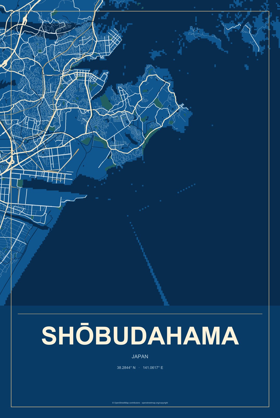 Shōbudahama, Japan City Map Aluminum Sign in Harbor Cobalt style