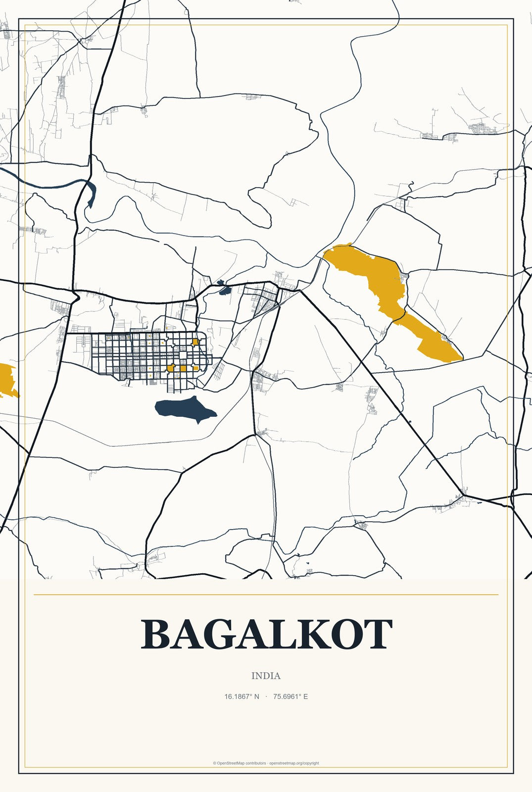 Bagalkot, India City Map Aluminum Sign in Citrine Modern style