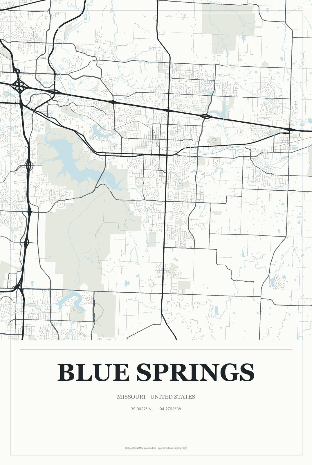 Blue Springs, Missouri City Map Aluminum Sign in Gallery Air style