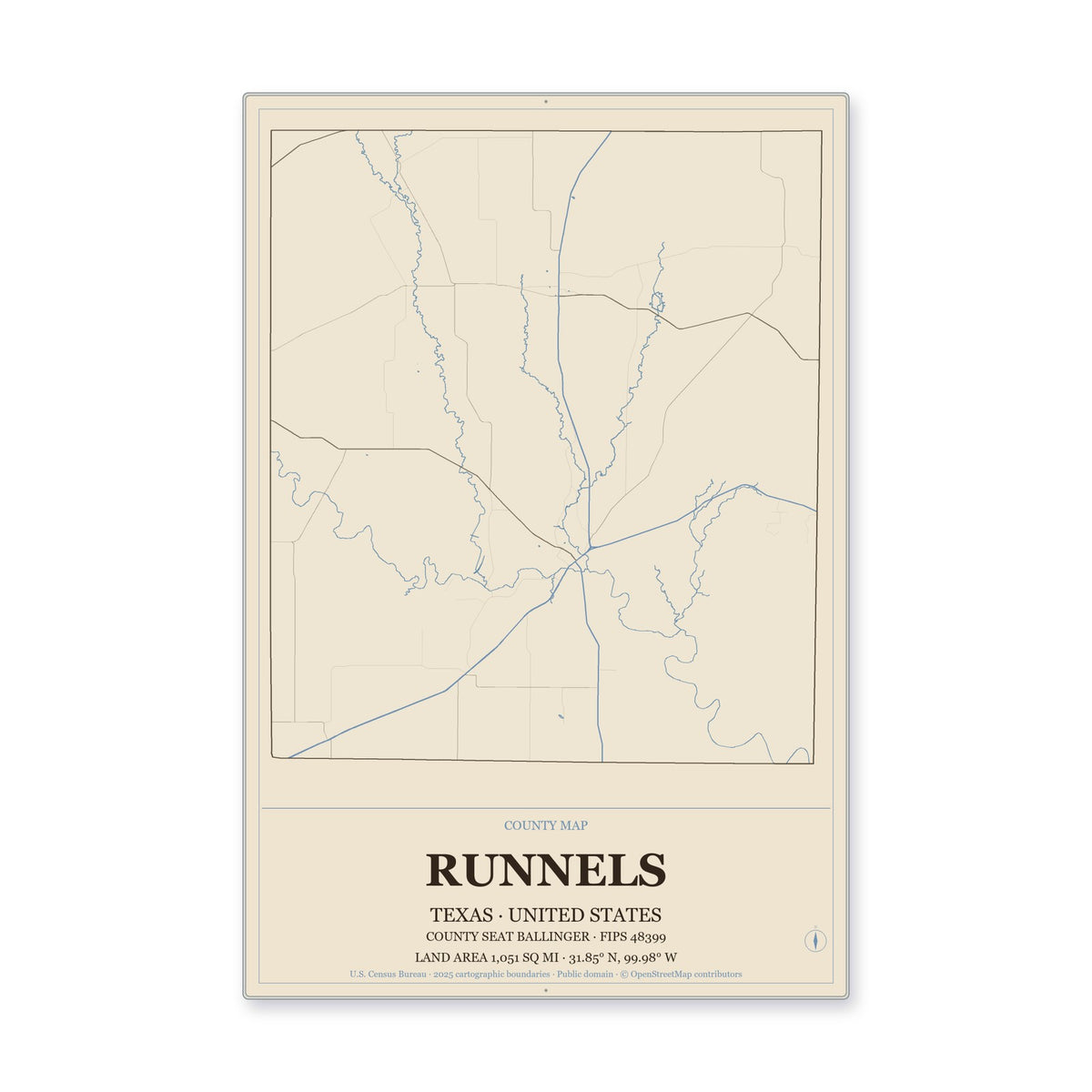 Runnels County, Texas Map Aluminum Sign in Heritage Nautical style