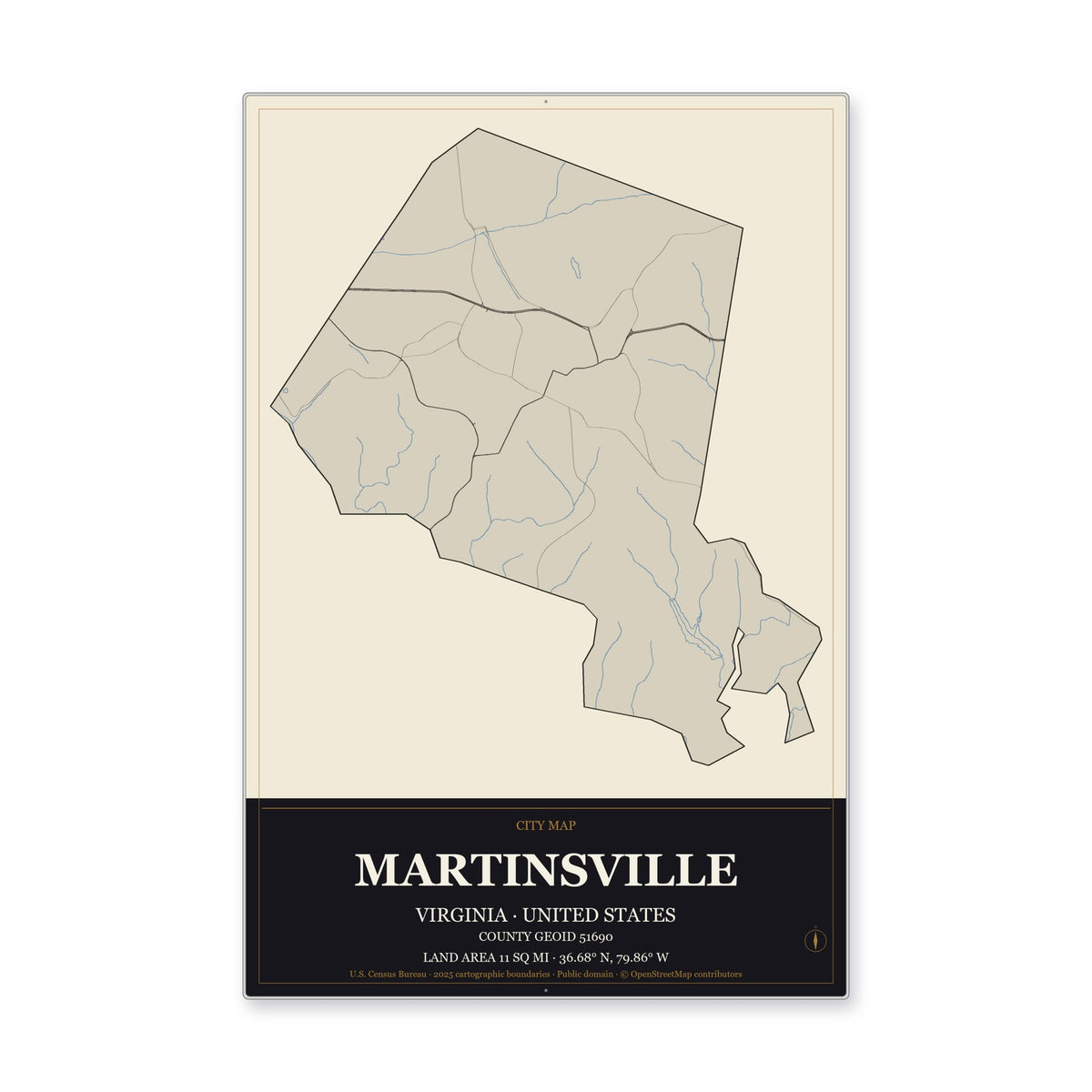 Martinsville city, Virginia Map Aluminum Sign in Museum Plaque style