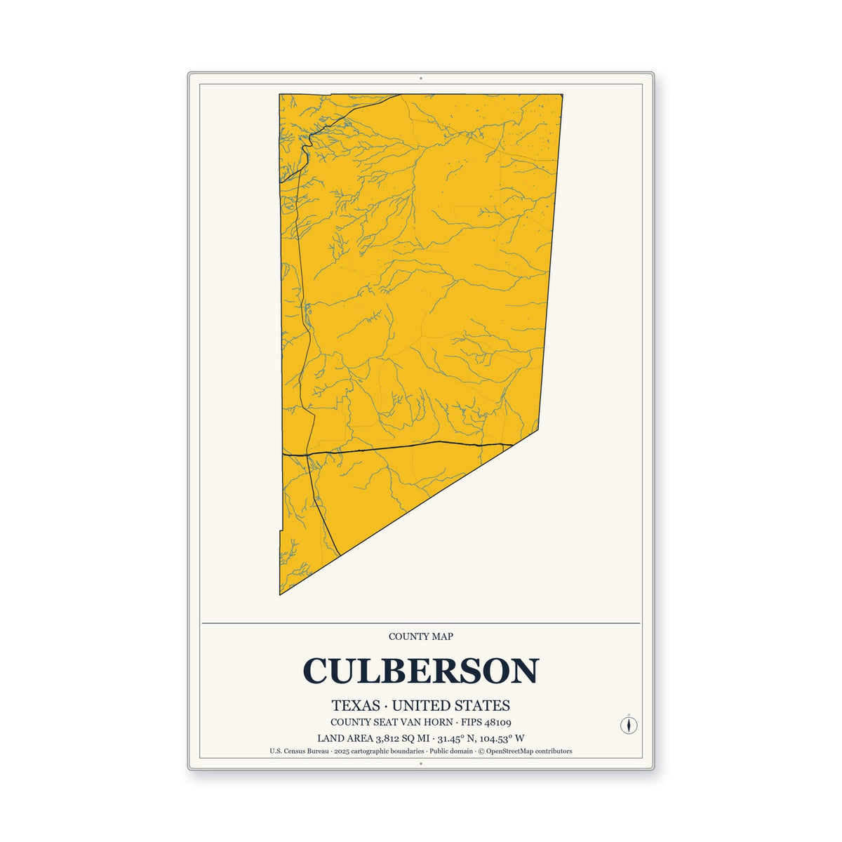 Culberson County, Texas Map Aluminum Sign in Citrine Modern style