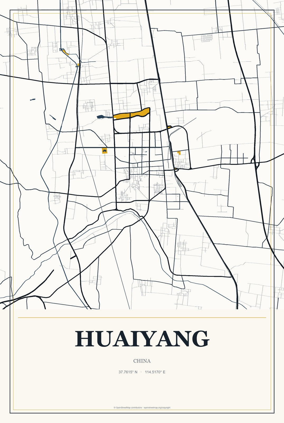 Huaiyang, China City Map Aluminum Sign in Citrine Modern style