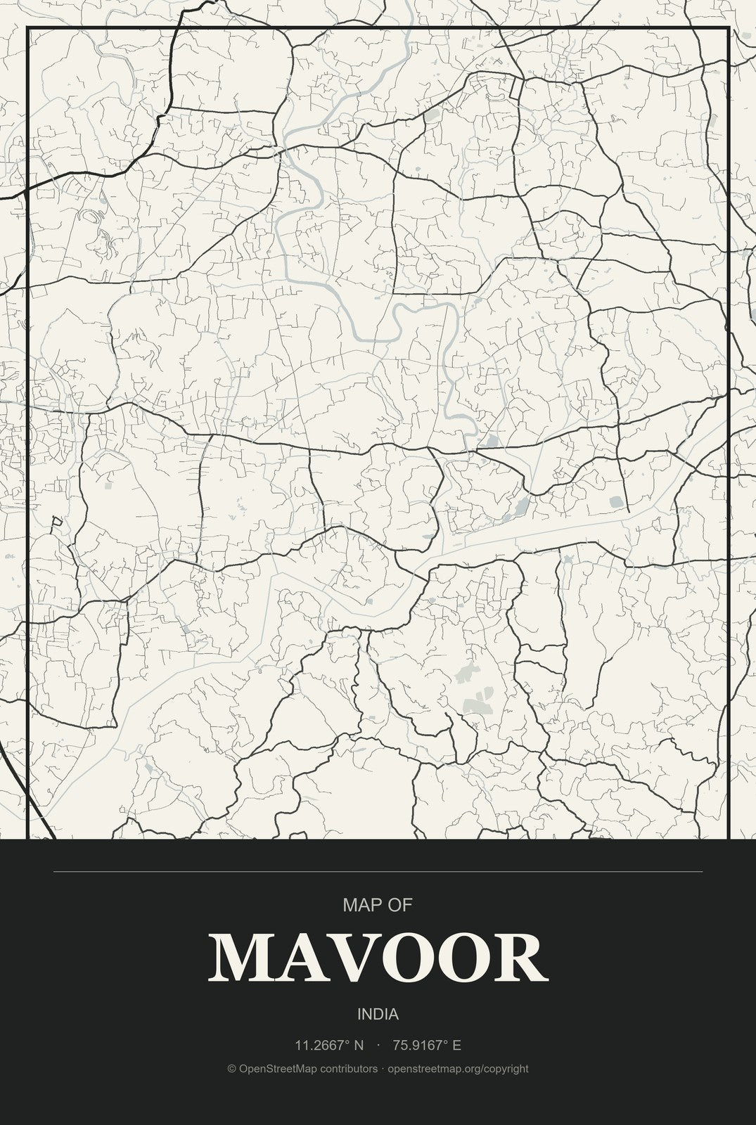 Mavoor, India City Map Aluminum Sign in Museum Plaque style